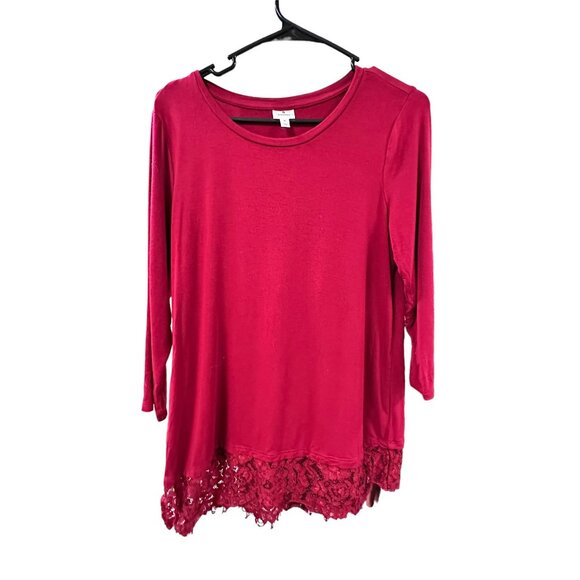 🌸3/$15🌸Cranberry Mid Length Sleeve Long Tunic with Lace Accent Blouse sz M - Picture 1 of 6